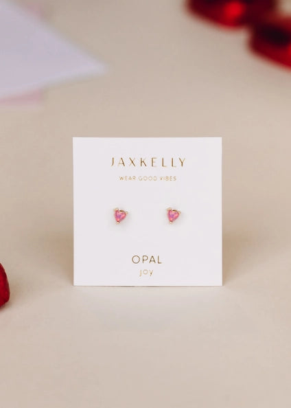 Tiny Pink Opal Heart Gold Earrings