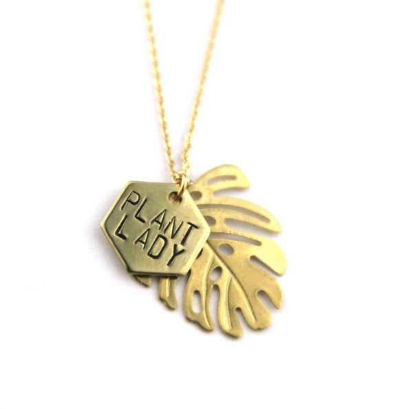 Plant Lady Brass Hexagon Necklace with Monstera Leaf